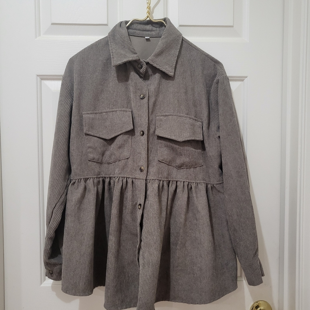 Grey Corduroy Skirted Button-down Top Sz S